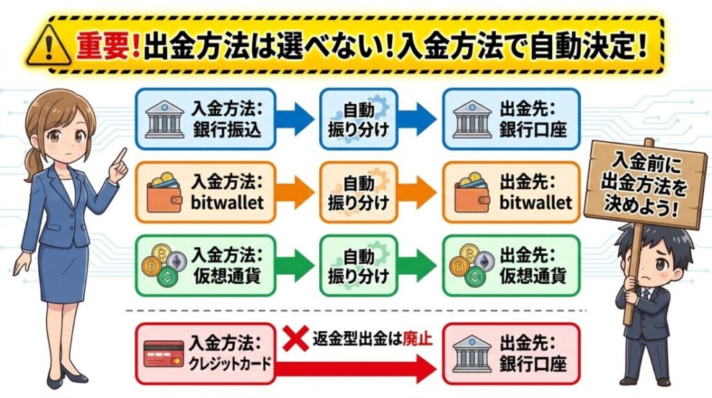 出金方法はユーザーが選べない、入金時の方法で自動振り分けされる仕組み