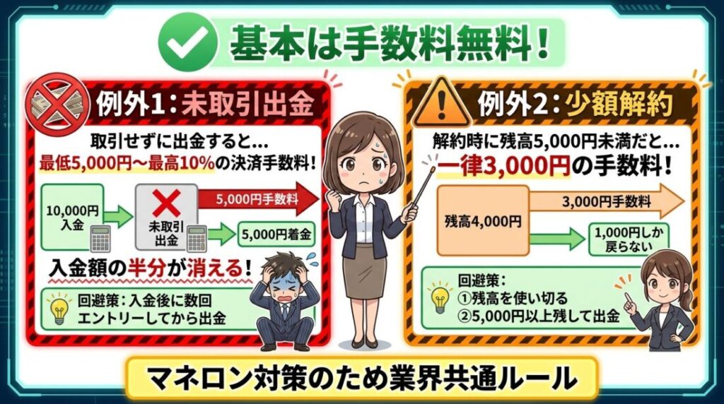 出金手数料はザオプション側完全無料、ただし2つの例外パターンで費用がかかる
