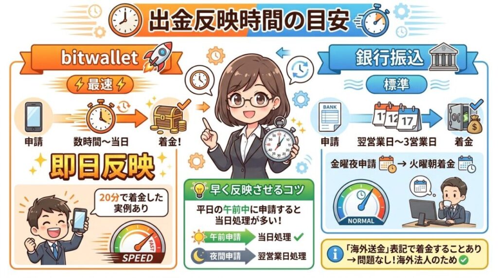 反映時間はbitwalletで即日、銀行振込で翌営業日から3営業日が目安
