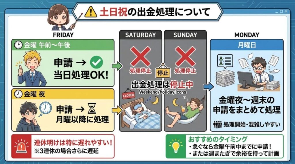土日に申請した出金は月曜以降の処理になる