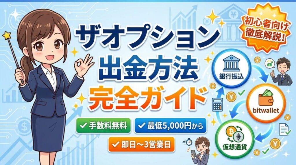 ザオプションの出金は5,000円から手数料無料、銀行振込なら翌営業日から3営業日で着金