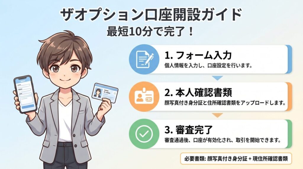 口座開設ガイドのイラスト。青年がスマホとIDカードを持ち、3つの手順が右にリストされている。最短10分で完了を強調。